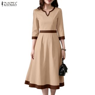 ZANZEA ชุดเดรสเกาหลีสำหรับผู้หญิง ดีไซน์ตัดเย็บสลับสี ทรงเอเ…