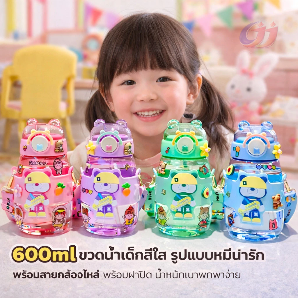สะพายข้างได้ ขวดน้ำเด็ก600MLความจุสูง หลากหลายรูปแบบให้เลือก รูปแบบการ์ตูนน่ารัก การ์ตูนสุดฮิตปลอดภัย สดใสขวดน้ำคุณภาพดี