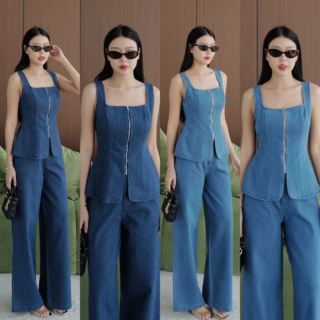 #5694 ชุดเชตยีนส์ เสื้อกล้ามคอเหลี่ยมชิปหน้าผ่าหน้าเล็กน้อย+กางเกงขายาวกระบอบกลาง INTUON