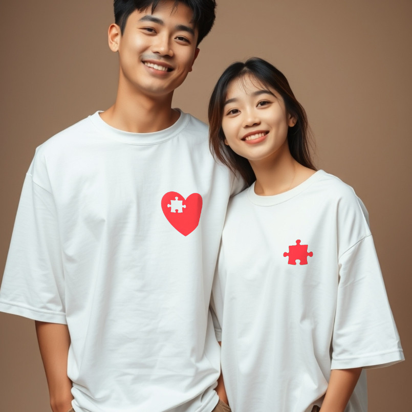 เสื้อยืดคู่รักแบรนด์ Vibeon เสื้อยืดคอกลมทรงโอเวอร์ไซต์พิมพ์ลายจิกซอว์รูปหัวใจ เสื้อยืดลายพิมพ์ สบาย