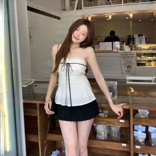 Miko☀️พร้อมส่ง💖เสื้อครอบอก ฝรั่งเศส ประดับลูกไม้ละเอียด สายเชือกผูกเอวกระชับ เชื่อกผูกหน้าอก มีฟ้องน้ำ ทรงครอปสวมข้างนอก