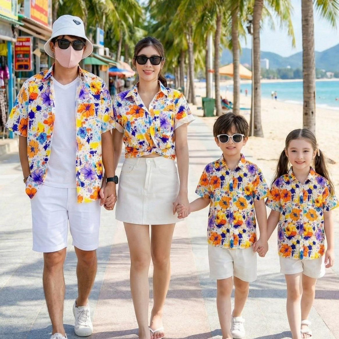 PINKเสื้อฮาวาย ลายดอกสะบัดสี  ผ้าโพลีเอสเตอร์ มีให้เลือกทั้งไซส์เด็ก-ผู้ใหญ่