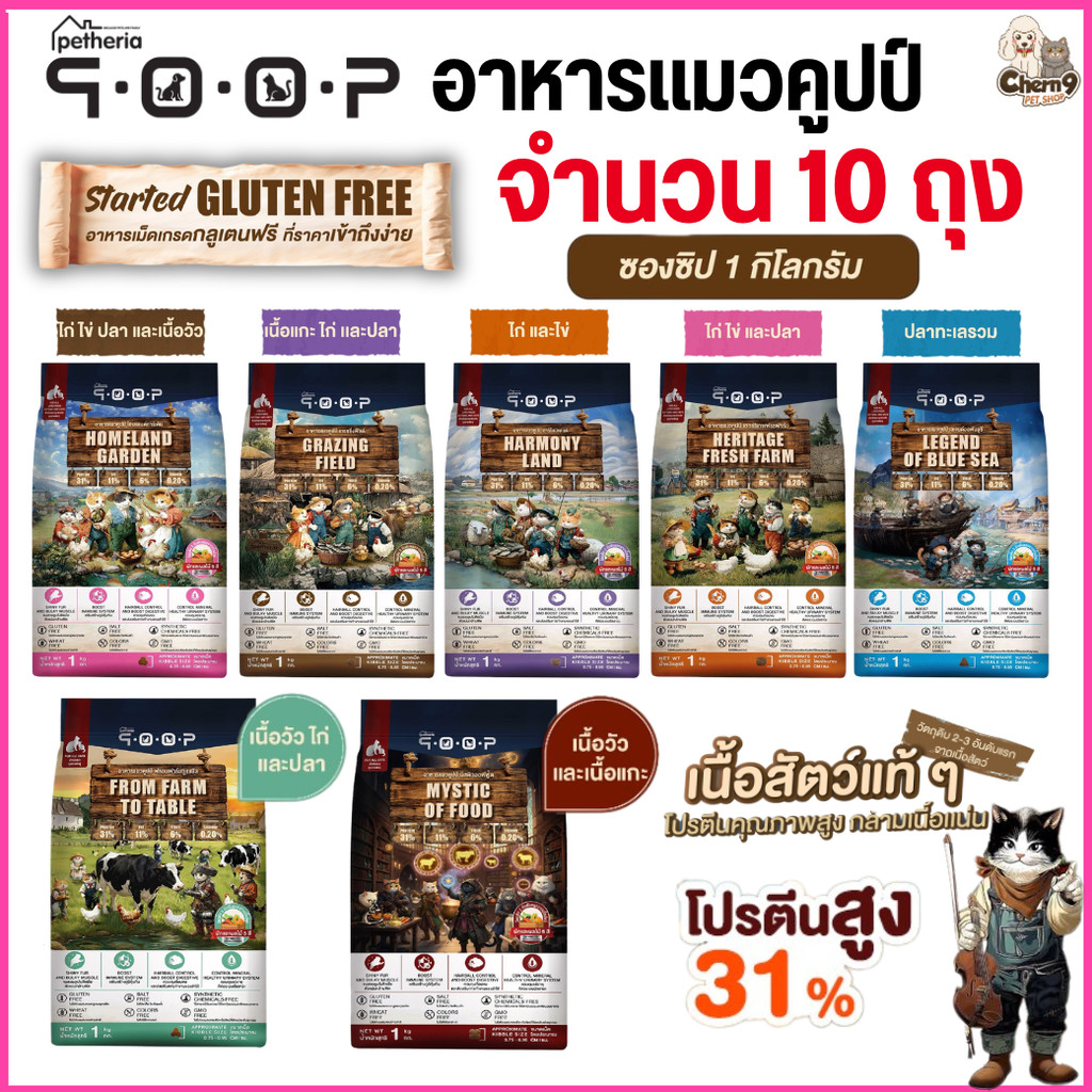 [ ยกลัง10ถุง ]p อาหารแมวคูปป์ qoop By petheria กลูเต็นฟรี โปรตีน 31% ไม่เค็ม เกรดพรีเมียม