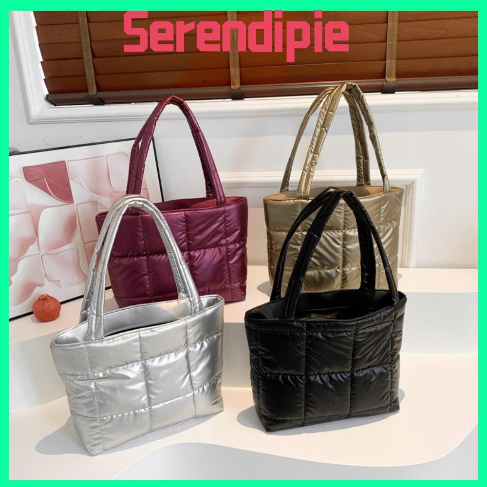 กระเป๋าสะพายไหล่ SERENDIPIE, Down Cotton Cushion Puffy Underarm Bag, Totes Solid Quilted Totes Bag L