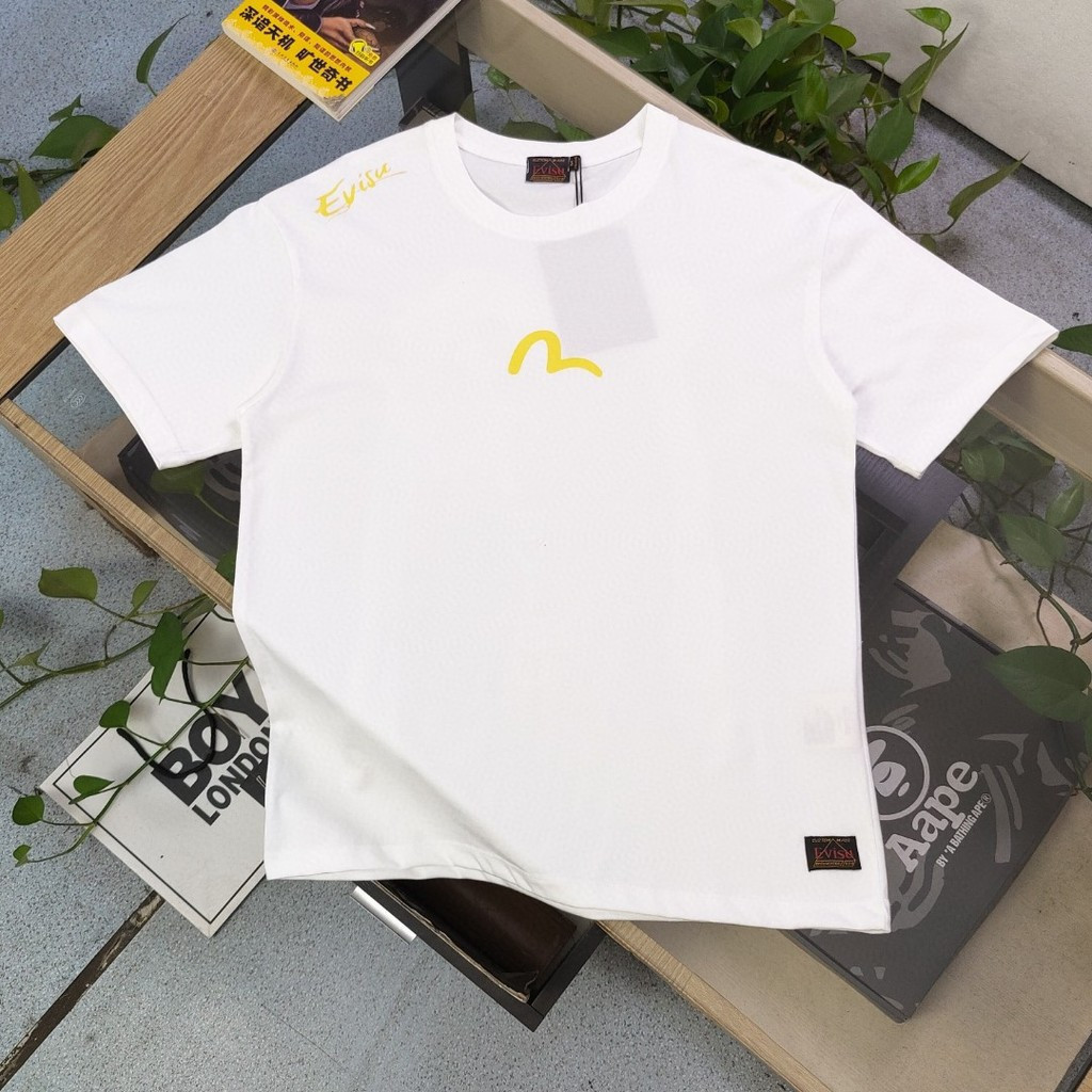 EVISU/God of Fortune 2026 คลาสสิกรอบคอแขนสั้นเสื้อยืดผู้ชายผู้หญิง Tops Heavy Street สไตล์หลวม Two-L