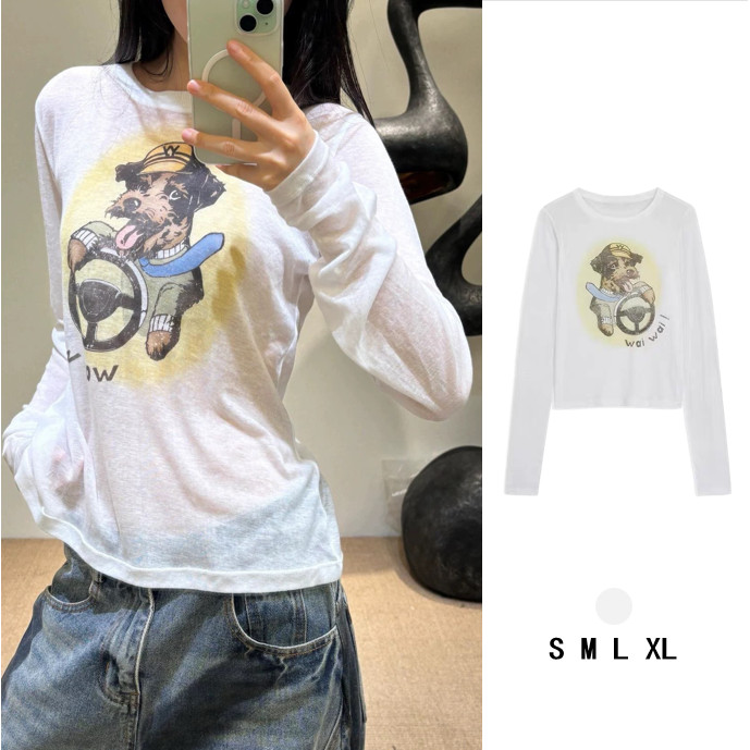 เสื้อยืดแขนยาวสไตล์เกาหลี พิมพ์ลาย ทรงหลวมระบายอากาศได้ดี