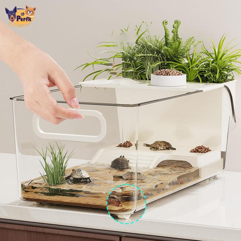 Perfk Turtle Enclosure ถังสัตว์เลี้ยงพลาสติกแบบพกพา Handle Terrarium สําหรับเต่าน้ําอุปกรณ์เสริมและใ