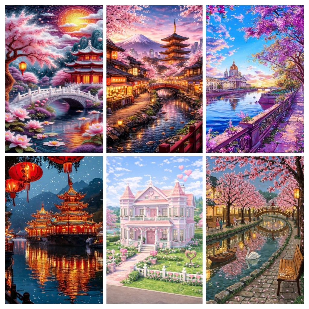 ชุดศาลาโบราณ/เรือ/คืนดูรูปแบบเพชรจิตรกรรมชุด, ทําเอง 5ง ภาพวาดเพชรโมเสคภาพวาดผ้าใบทําหัตถกรรมสําหรับตกแต่งผนังศิลปะ, ไม่มีกรอบ