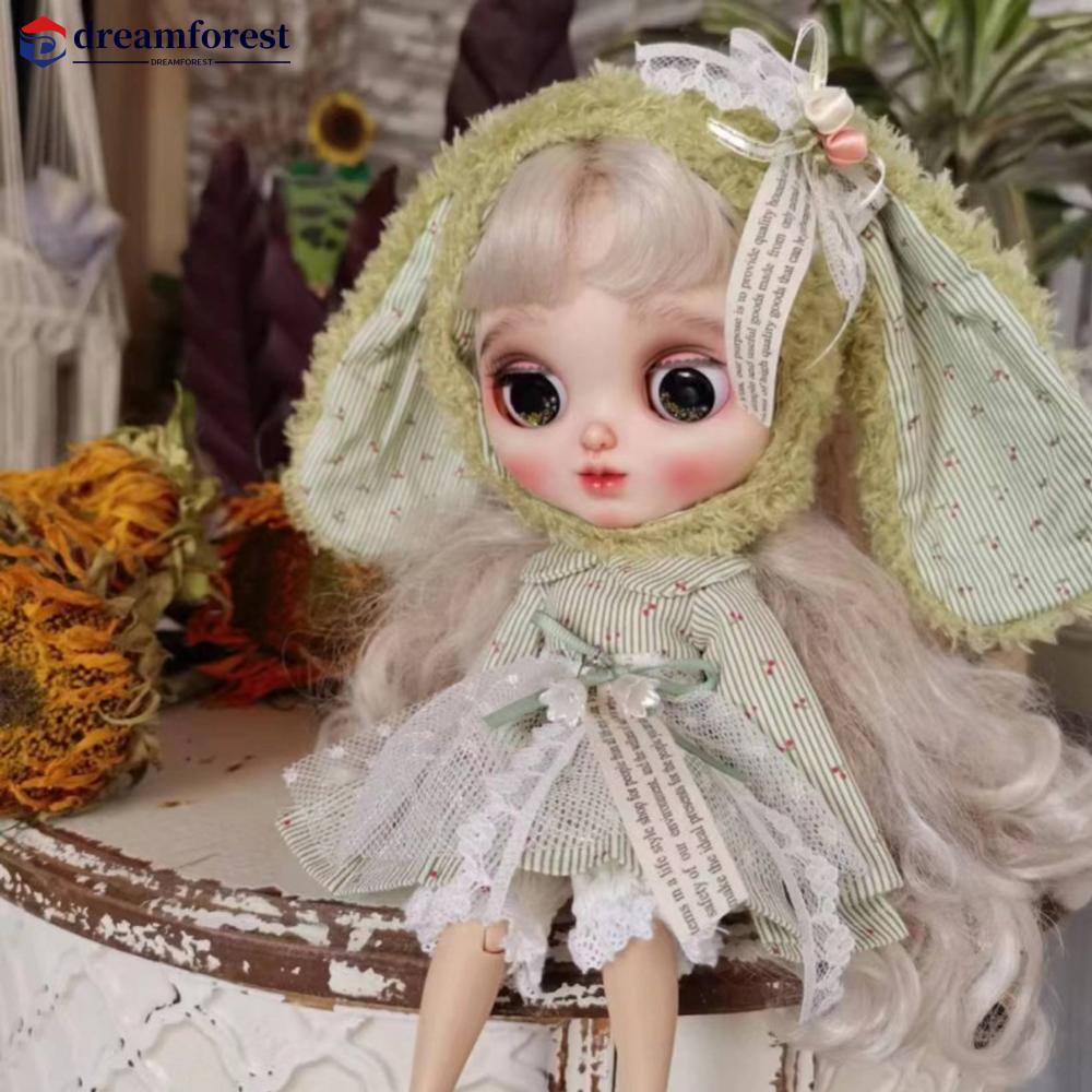 DFS ชุดตุ๊กตาทํามือ Big Ear Rabbit Hat Doll Floral Patterned Dress สําหรับ Ob22 Ob24 สําหรับตุ๊กตา