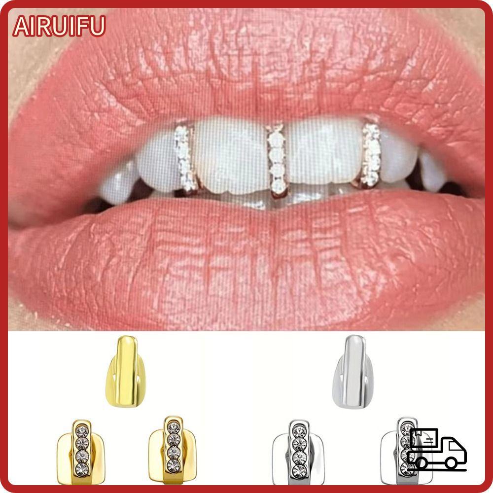 AIRUIFU 3 ชิ้น Grillz, Hollow Shiny Hip Hop ฟัน Grillz, Rhinestone ฟันหมวกผู้หญิงผู้ชาย