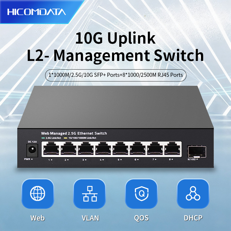 HICOMDATA 2.5GbE Managed Switch 8 พอร์ตพร้อมสวิตช์อัจฉริยะเว็บ 10G SFP+ L2 VLAN QoS LACP Fanless สํา