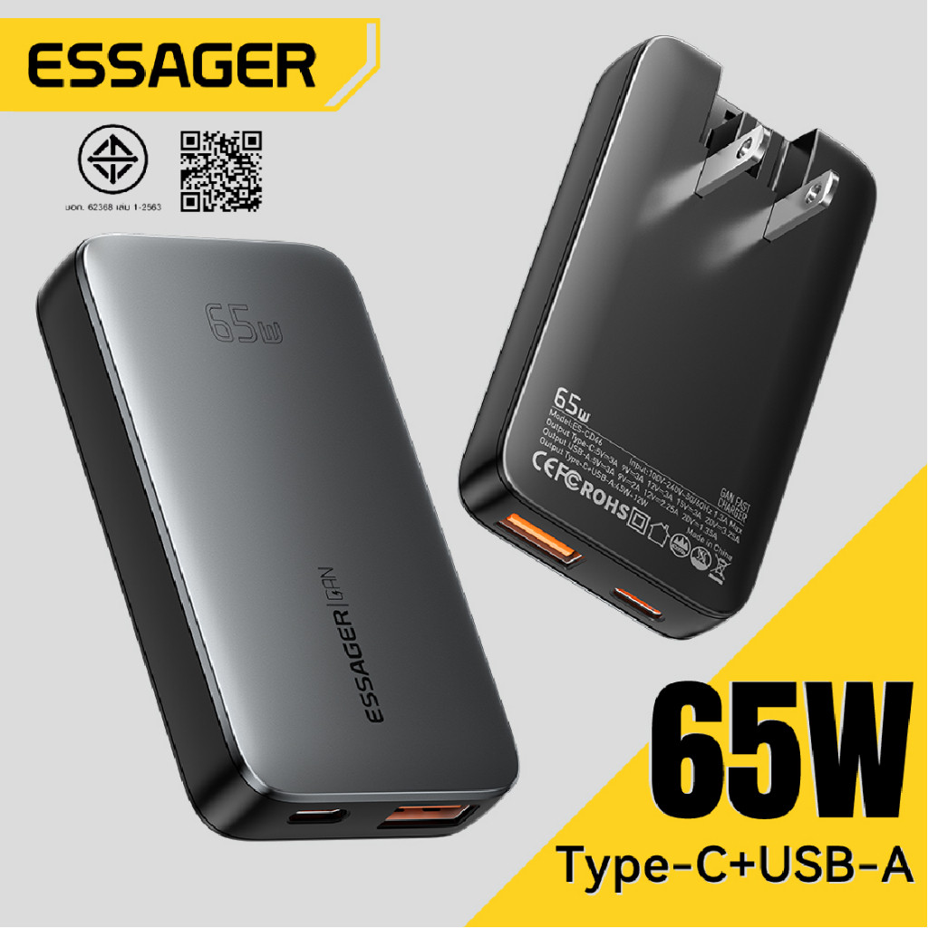 Essager 65W GaN Ultra-Slim Travel Charger A + C Fast Charging Power Adapter ใช้งานร่วมกับโน้ตบุ๊คแท็บเล็ตโทรศัพท์มือถือ
