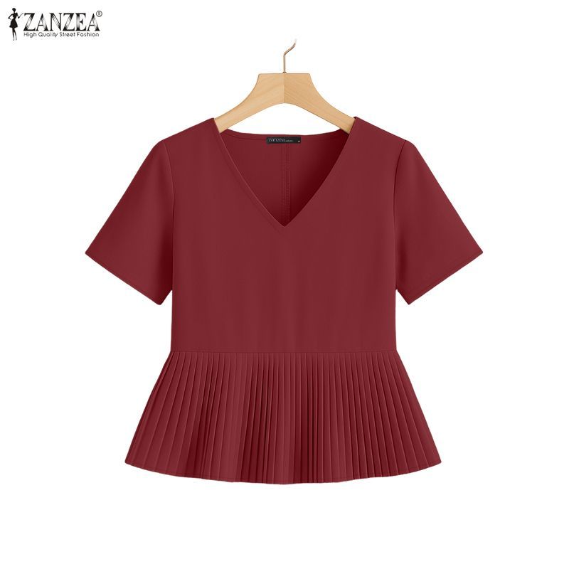 ZANZEA แฟชั่นเกาหลีสำหรับผู้หญิง ดีไซน์ V-neck แขนสั้น pleats splicing สีทึบ เสื้อบlouse