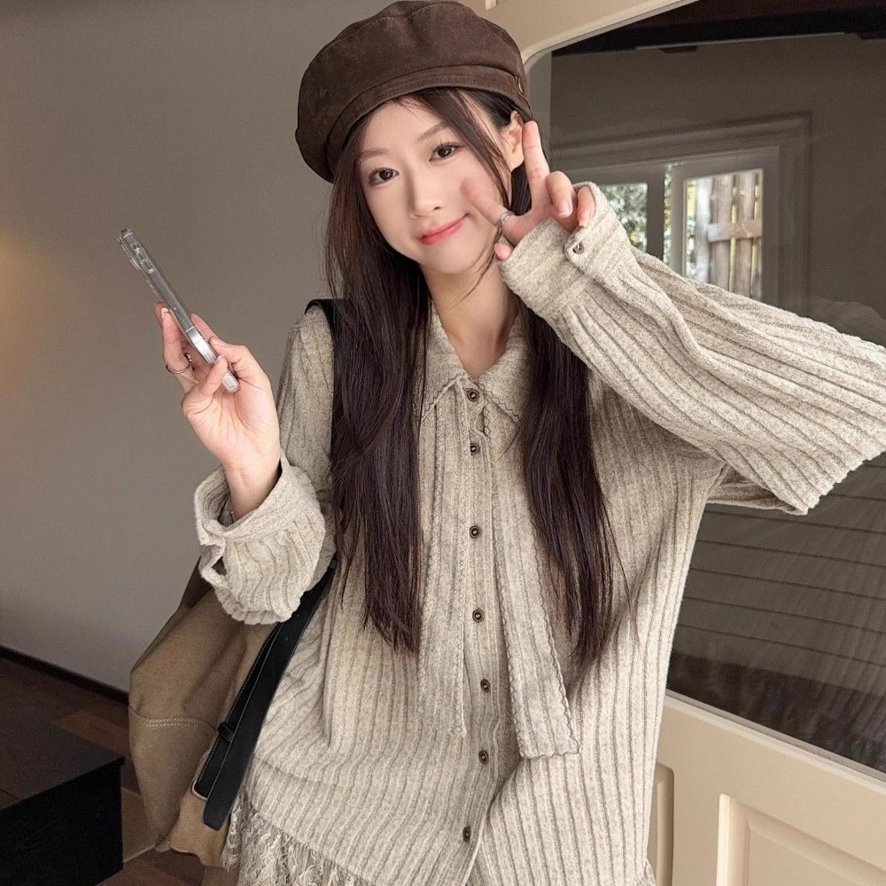 สไตล์ย้อนยุคลูกไม้แขนยาวถักเสื้อฤดูใบไม้ผลิฤดูใบไม้ร่วงใหม รูปที่ 5