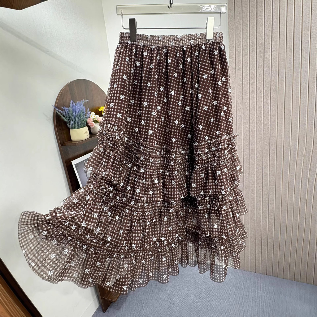 กระโปรง midi สไตล์ vintage กะทัดรัด ลายพิมพ์ดอกไม้ มีเอวยางยืด และ design ruffle รหัสQT2833