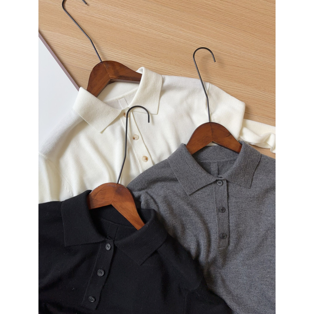 Gaozhi, Minimalist~Polo Lapel Button Half-Open Wool Blended Old Money Style เสื้อถักผู้หญิงชั้นนํา