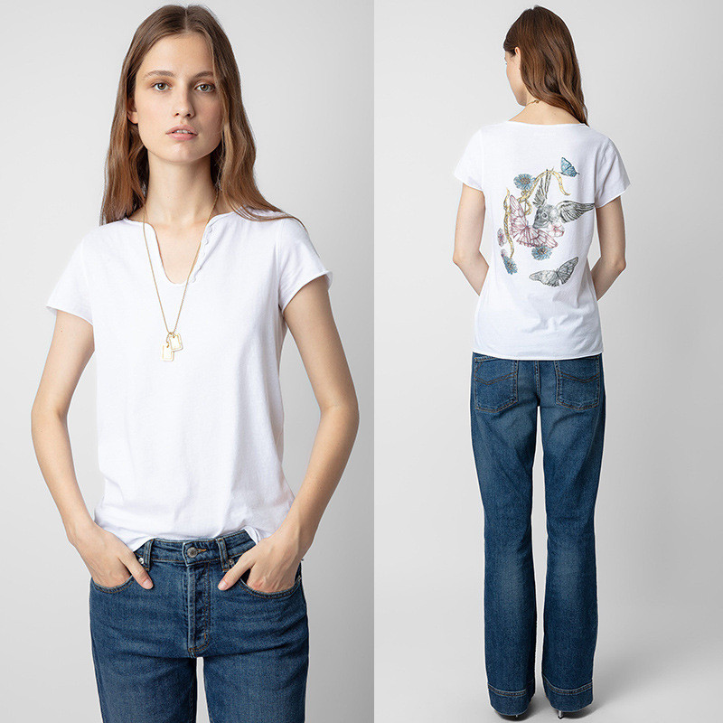 OYZD ZADIG&VOLTAIRE 24早春新款法国小众经典款背后骷髅头蝴蝶烫钻U Collared women's short-sleeve shirt T Shirt