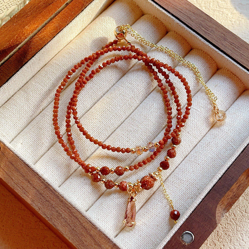 14k Gold Faceted Red Gold Sandstone Multi-Layer สามวงกลมสร้อยข้อมือสร้อยข้อมือเครื่องประดับ 26.3.23
