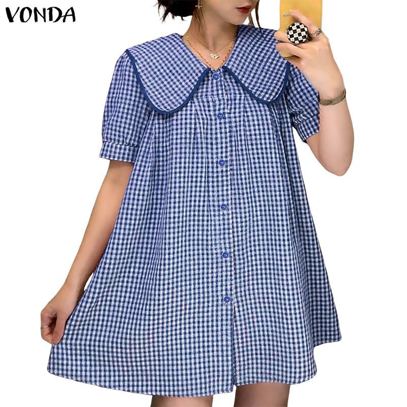 VONDA ผู้หญิงเกาหลีสไตล์ Girlish ตุ๊กตาคอโคมไฟ Single-Breasted Oversize หลวม Mini A-Line ชุด