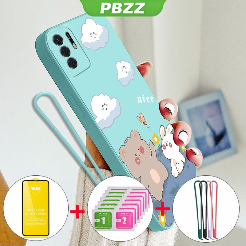 PBZZ 4 in 1 พร้อม 9D Soft Film Case สําหรับ oppo reno 6 4g oppo a16 oppo reno 6z 5g เคสโทรศัพท์ Softcase ซิลิโคนเหลวกันกระแทกดีไซน์ใหม่ความงามการ์ตูนหมีกระต่าย YTMXX01