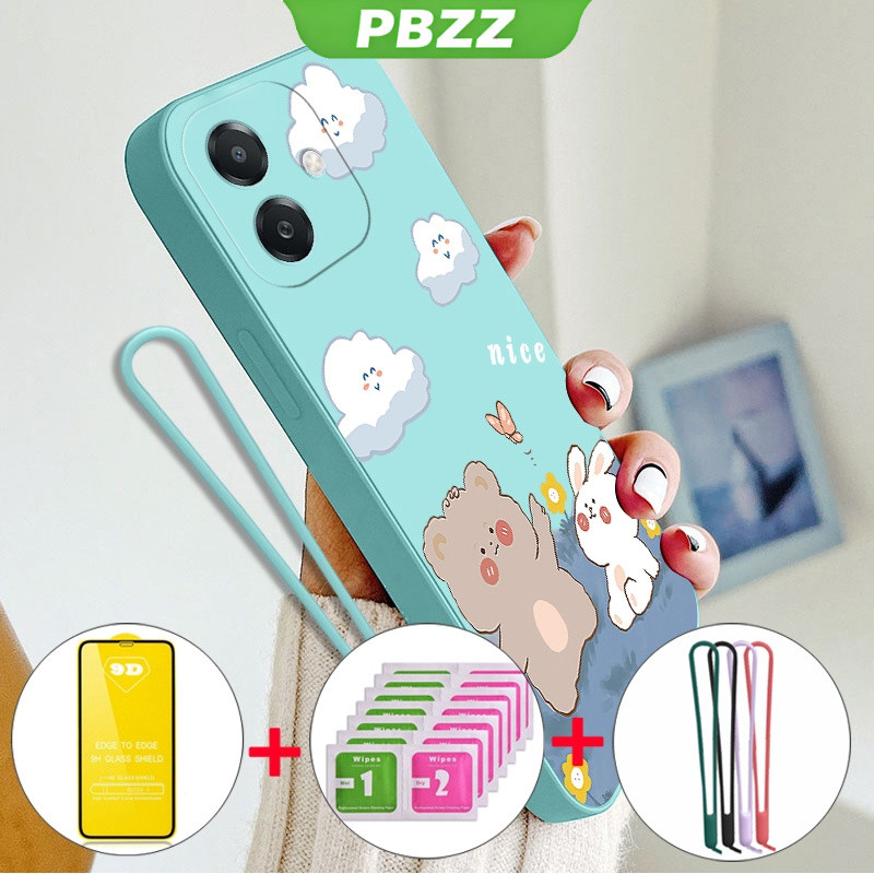 PBZZ 4 in 1 พร้อม Soft Film Case สําหรับ OPPO a3x a5i A5 pro a3 5g 2024 เคสโทรศัพท์ Softcase ซิลิโคนเหลวกันกระแทกออกแบบใหม่ความงามการ์ตูนหมีกระต่าย YTMXX01