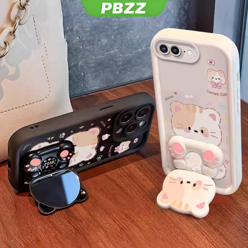 PBZZ FOR เคส เคสสําหรับ iphone 7 plus iphone 8 plus iphone se 2 2020 ipnone se เคสโทรศัพท์ Softcase ซิลิโคนกันกระแทกปกดีไซน์ใหม่ความงามการ์ตูนแมวพร้อมที่วางสําหรับกระจก JTMMZJ01