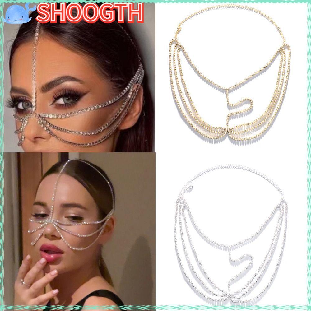 SHOGTH คริสตัล Veil Face Chain Dance Party Multi-Layers หัว Handmade Luxury Rhinestone Face Decor ผู