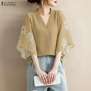 ZANZEA ใส่ ซานเซีย ผู้หญิงเกาหลีหรูหราวินเทจคอ โวลต์ 3/4 แขนบานดอกไม้พิมพ์หลวมพอดีเสื้อ