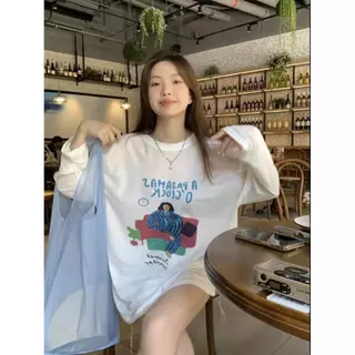 ส่งไวจากไทย เสื้อยืดผู้หญิง แขนยาว พิมพ์ลาย ทรงหลวม ใส่สบาย กันแดด ปาดไหล่ Lalita