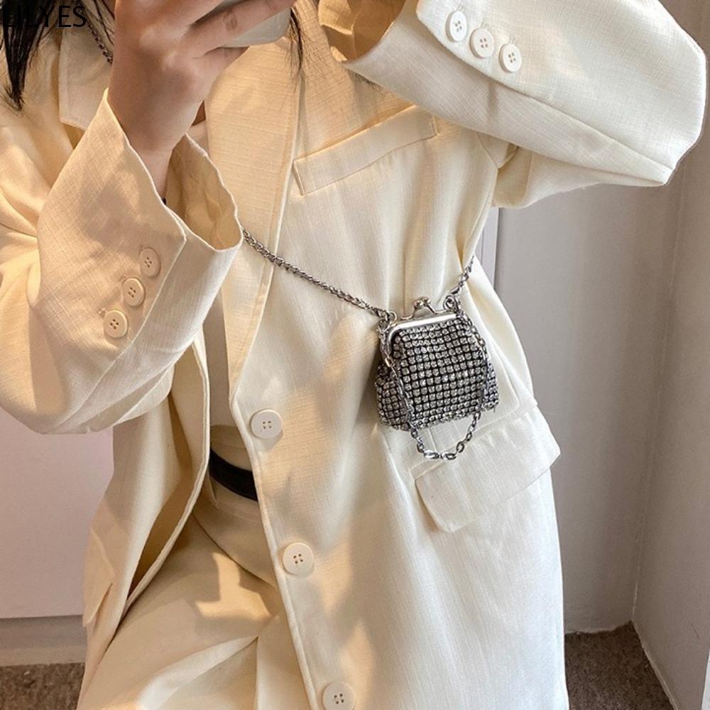 Lilyes Evening Banquet Bag, Shiny Solid Color Chain Shoulder Bag, Temperament Crossbody Bag Mini Coin Purse Rhinestone Handbag Girl