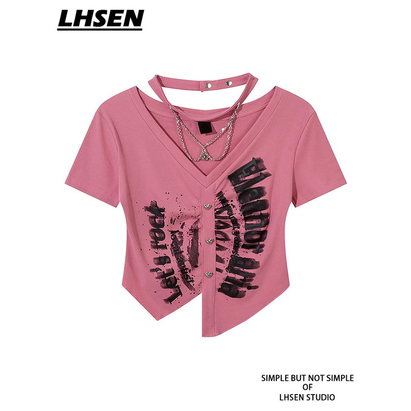 {LHSEN} Y2k Pure Desire Hot Girl เสื้อยืดแขนสั้นหญิงฤดูร้อน Abi สไตล์ Halter คอเซ็กซี่สั้นด้านบน