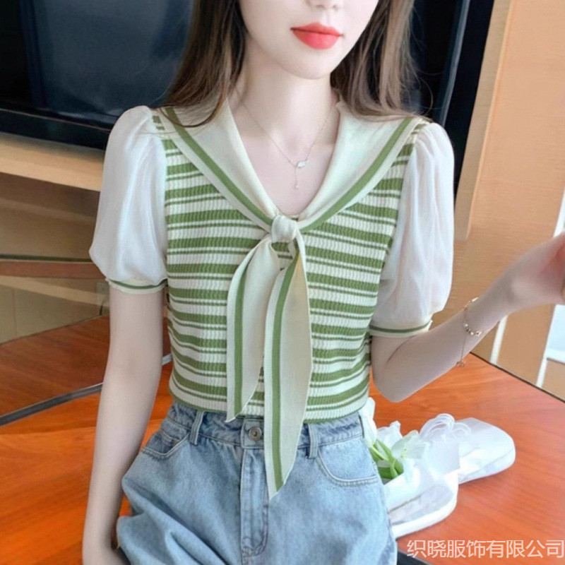 เย็บ Street Navy แขนสั้นทอดทอผู้หญิงเข็มคอ Tie ttw เย็บลายเกาหลีเกาหลีสีใต้หิมะเสื้อแฟชั่นเกลือหมุน 