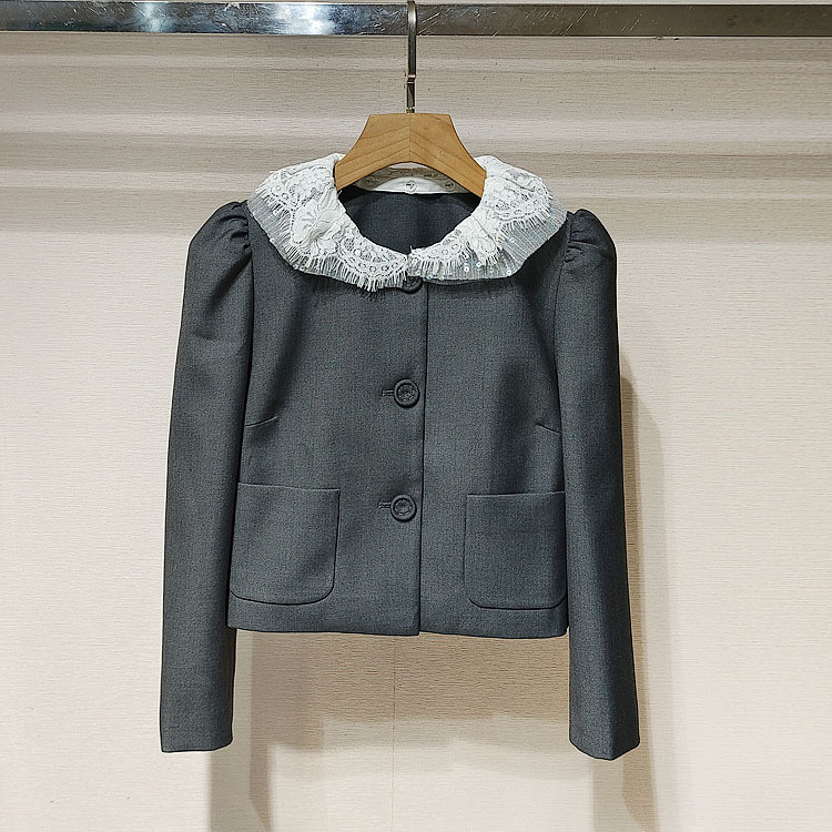 43SJ Sel***ait Autumn women's velvet long-sleeve coat with lace patchwork collar in a rich lady styl