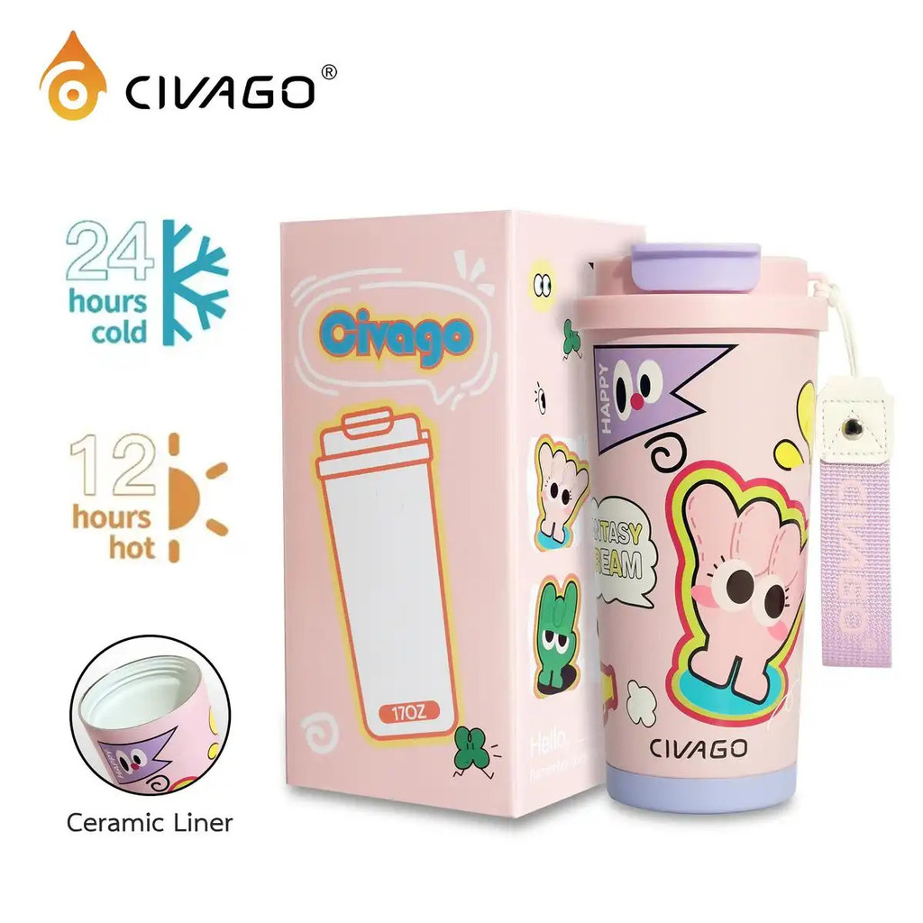 CIVAGO(17oz/510ml)แก้วน้ําหุ้มฉนวนสุญญากาศพร้อมหลอด แก้วกาแฟเซรามิกความจุขนาดใหญ่ ​ ชุดการ์ตูน