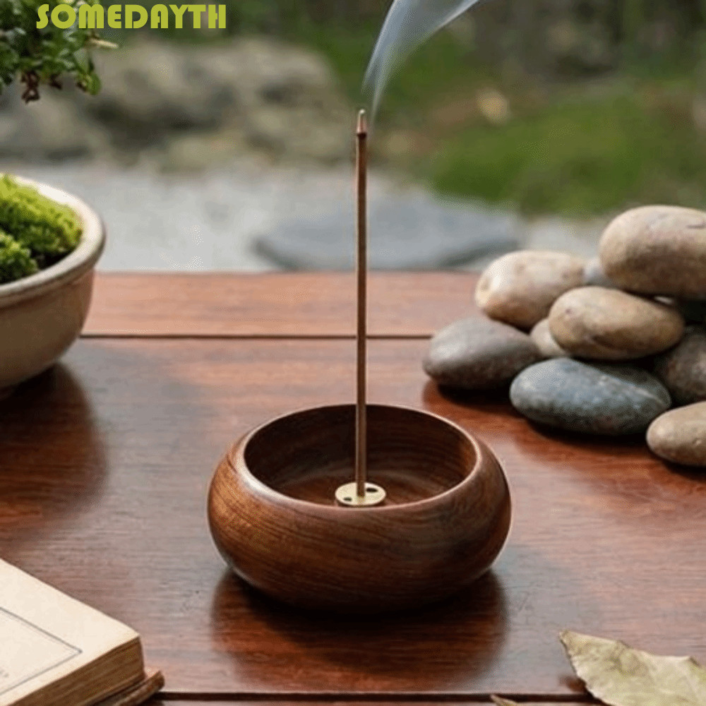 SOMEDAY ที่ใส่ธูปไม้, Handcrafted Smooth กระถางธูปขัดเงา, รอบแบบดั้งเดิม Retro 4 หลุมชามรูปร่าง Censer Tea Room