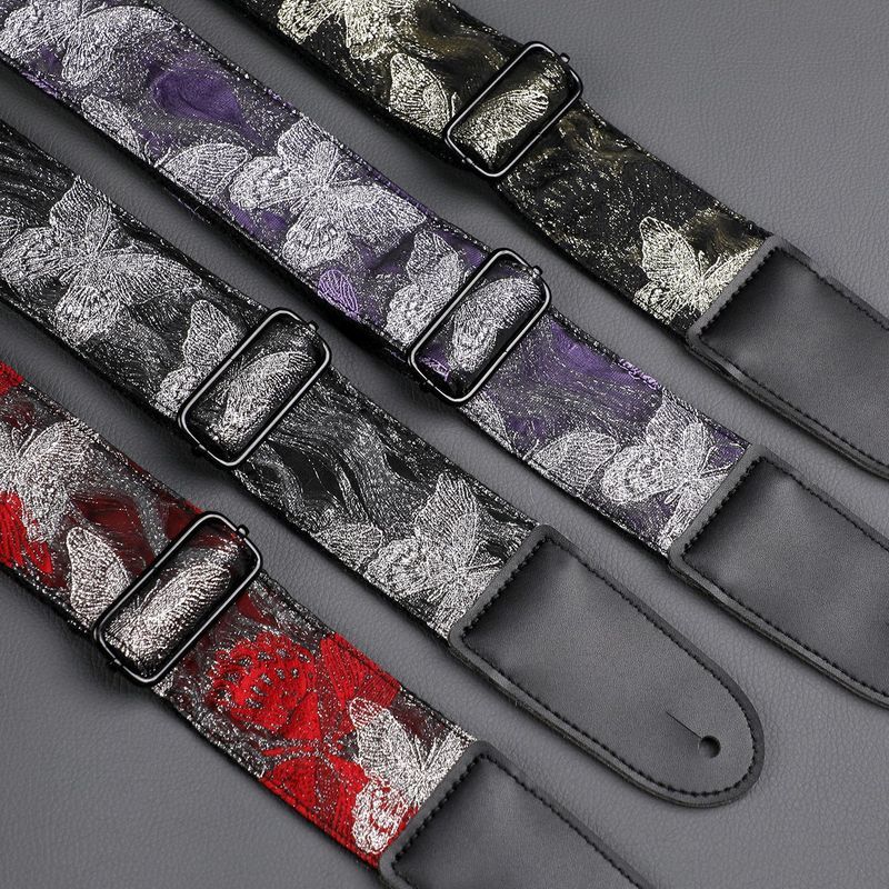 Ranloesa Silver Silk Butterfly Guitar Strap สายกีตาร์ไฟฟ้า Bass Acoustic Acoustic Acoustic Guitar St