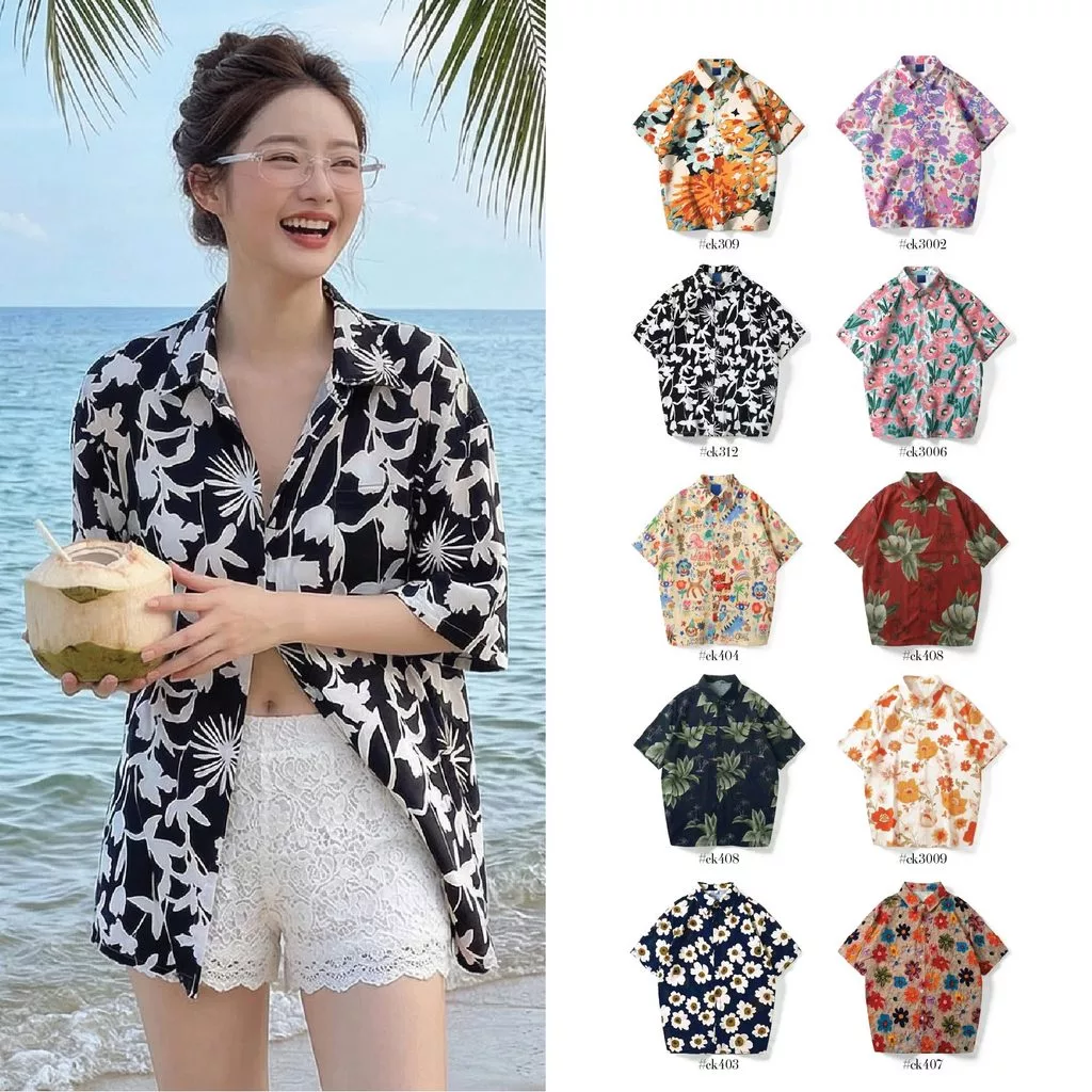 เสื้อลายดอกฮาวายผู้หญิง แขนสั้นกระดุมหน้า ผ้าไหมอิตาลี #312