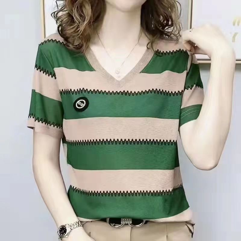 เสื้อยืดลายทางผู้หญิง ระบายอากาศดี คอกลมแขนสั้น สไตล์แฟชั่นสำหรับสวมใส่ง่าย