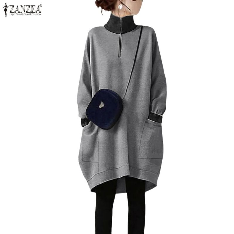 ZANZEA ชุดเดรสสเวตเตอร์คอสูงแขนยาว สไตล์เกาหลี ดีไซน์ patchwork และซิป — صورة 4