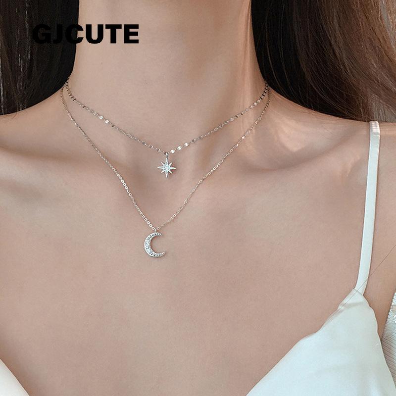 GJCUTE แฟชั่น Double Layer Star Moon จี้สร้อยคอหรูหราฝัง Clavicle Chain สําหรับผู้หญิงแฟชั่นเครื่องป
