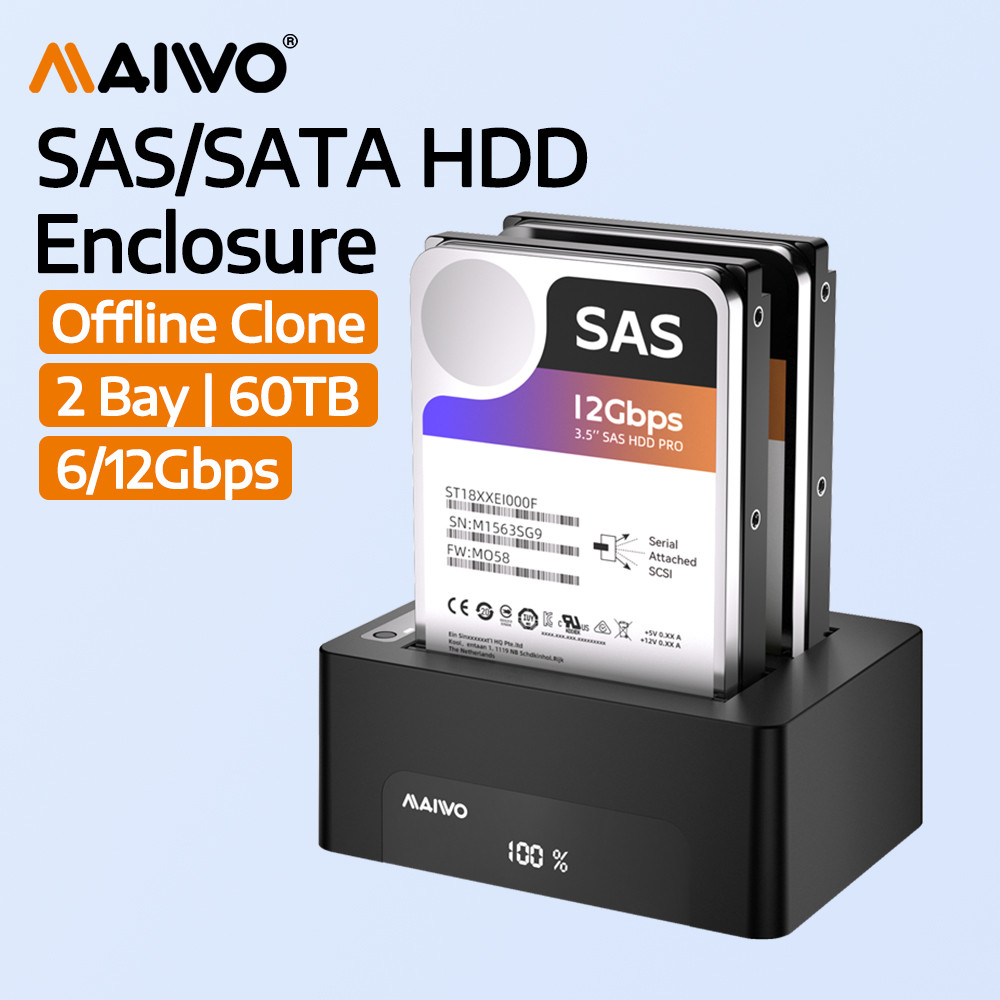 MAIWO 2 Bay SAS SATA HDD Docking Station 2.5/3.5 นิ้ว 12Gbps USB 3.2 Offline Clone 30TB