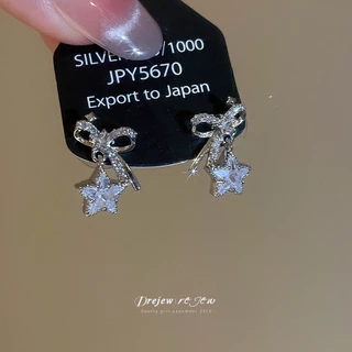 DREJEW ต่างหูผู้หญิง Bow & Star Rhinestone Drop ออกแบบแวววาว สวมได้ทุกวัน