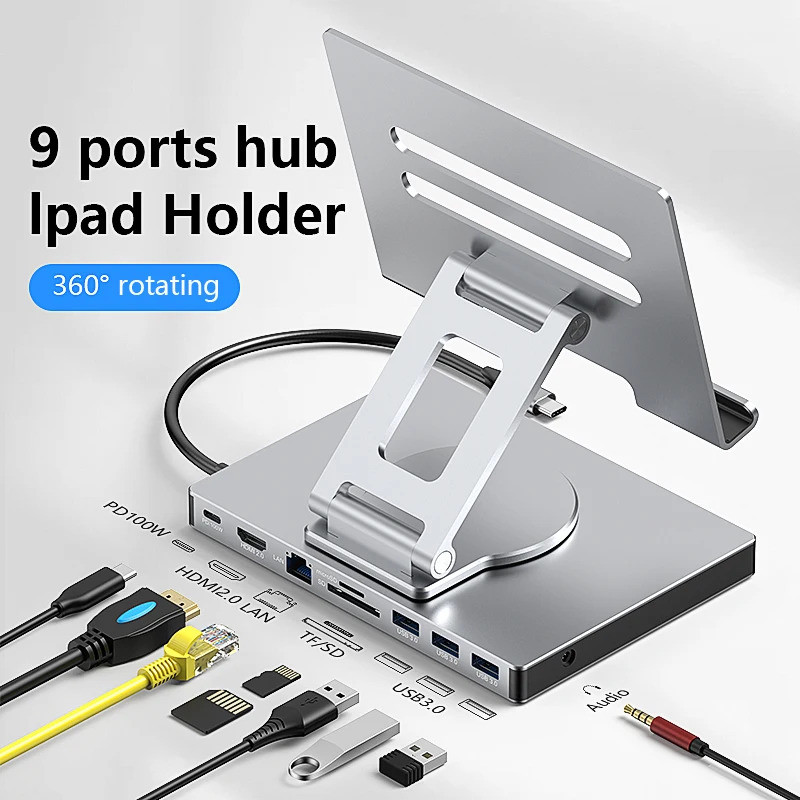 Blueendless ขาตั้ง Ipad USB C Hub 4K 60HZ HD Type-C 100W PD SD/TF Slot Reader USB 3.0 5Gbps 9 In 1 T