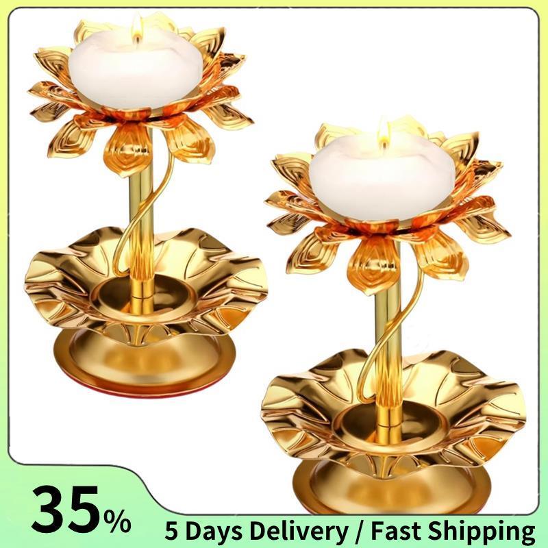 โลหะ Diya สําหรับ Diwali 2 ชิ้น Lotus เชิงเทียนสําหรับ Diwali Pooja Ghee โคมไฟตกแต่ง