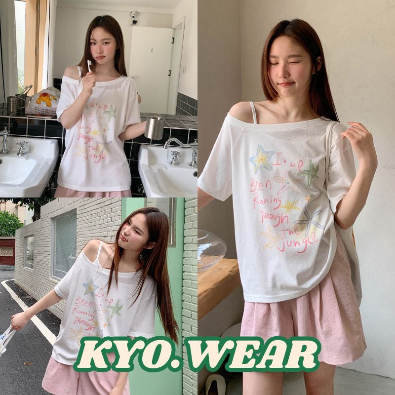 KYO 🌸【พร้อมส่ง】เกาหลีสไตล์ เสื้อปาดไหล่ ผู้หญิง OVERSIZE พิมพ์ลาย "BEEN Starfish" ผ้าฝ้าย 100% ไม่ต้องรีด เสือใส่สบาย