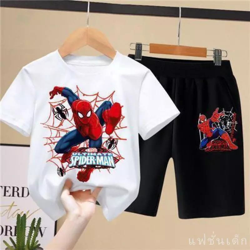 [COD]ชุดกีฬาเด็กผู้ชาย ธีมสไปเดอร์แมน เสื้อผ้าฤดูร้อนสำหรับเด็ก เสื้อยืดคอกลมแขนสั้น กางเกงขาสั้นสไตล์ตะวันตกหล่อ ชุดสอง