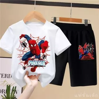 [COD]ชุดกีฬาเด็กผู้ชาย ธีมสไปเดอร์แมน เสื้อผ้าฤดูร้อนสำหรับเด็ก เสื้อยืดคอกลมแขนสั้น กางเกงขาสั้นสไตล์ตะวันตกหล่อ ชุดสอง