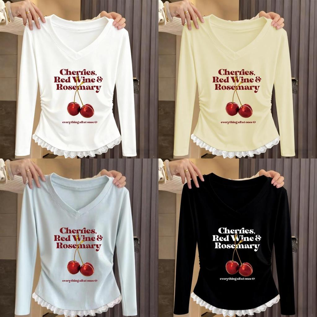【COD】เสื้อแขนยาวตัววีคอฝอยมีขอบลายลาเซอร์สำหรับหญิง ที่สวมสวยลดขนาด และเข้ากับทุกสิ่งได้ ผ้าใส่สบาย สวมใส่สบาย