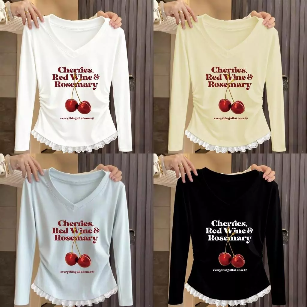 【COD】เสื้อแขนยาวตัววีคอฝอยมีขอบลายลาเซอร์สำหรับหญิง ที่สวมสวยลดขนาด และเข้ากับทุกสิ่งได้ ผ้าใส่สบาย สวมใส่สบาย