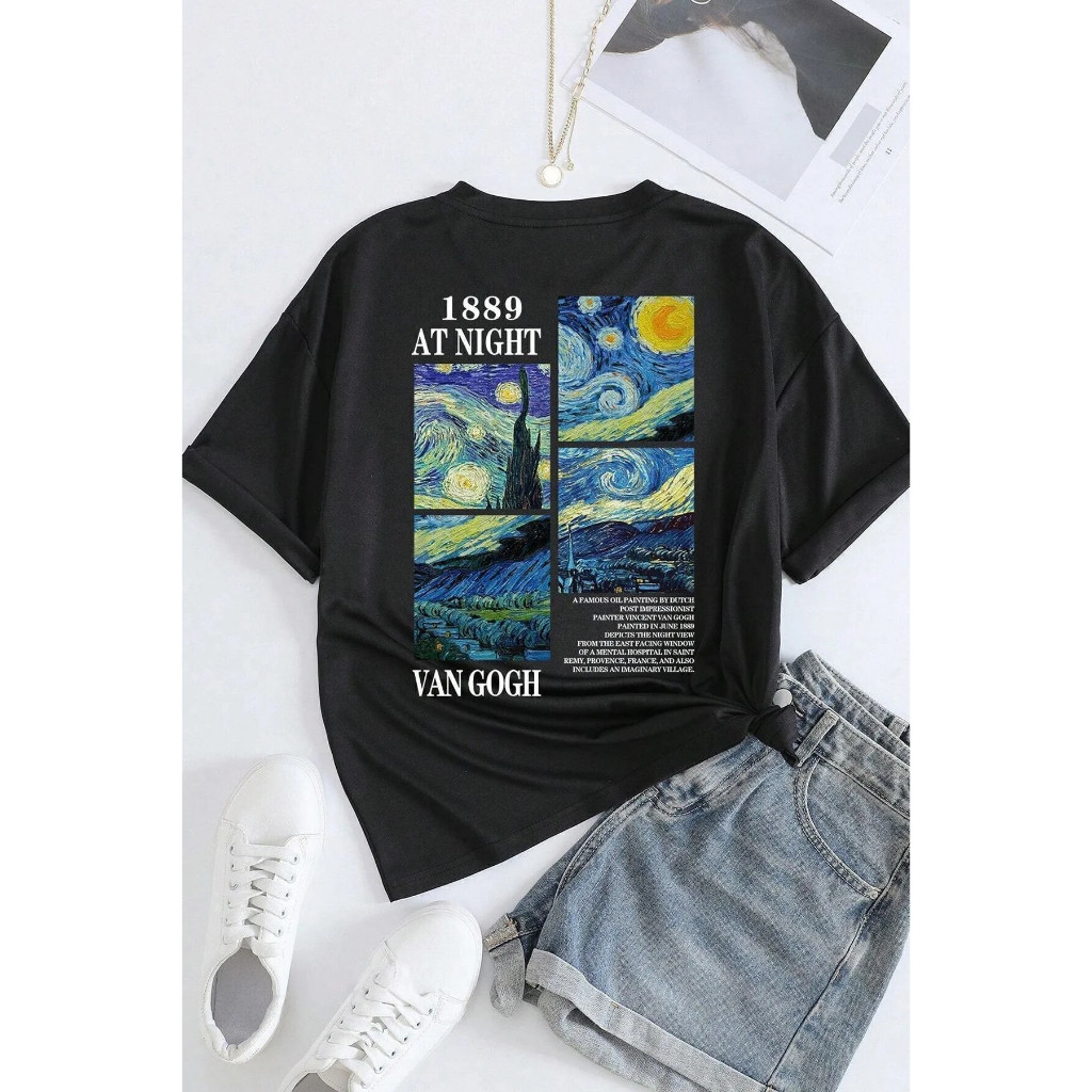 เสื้อยืดผ้าฝ้าย 100% Van Gogh Starry Night Art สีดำแขนสั้น เท่ห์ในสไตล์เรโทร เหมาะสำหรับใส่ลำลอง